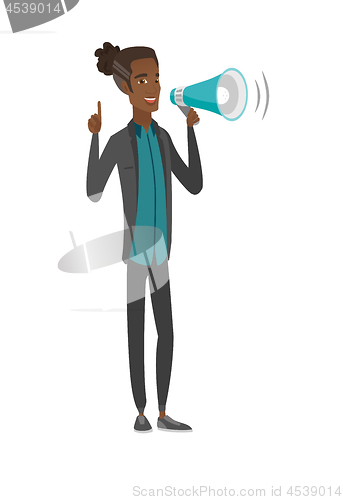 Image of Young african businessman talking into loudspeaker