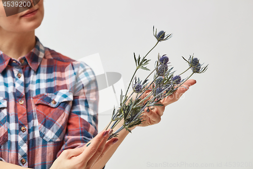 Image of Young girl with flowers eryngium