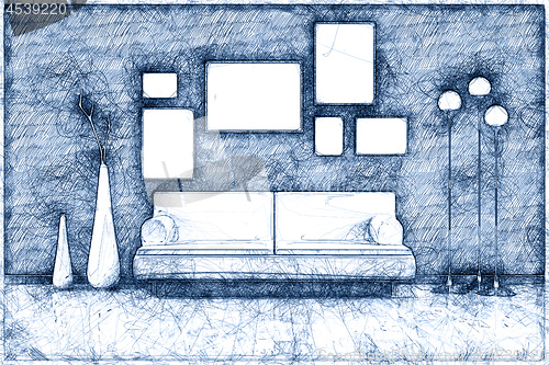 Image of blue ballpoint pen doodle room with a sofa