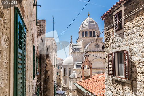 Image of Croatia, city of Sibenik, panoramic view of the old town center and cathedral of St James, most important architectural monument of the Renaissance era in Croatia, UNESCO World Heritage