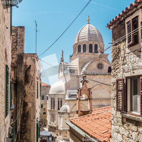 Image of Croatia, city of Sibenik, panoramic view of the old town center and cathedral of St James, most important architectural monument of the Renaissance era in Croatia, UNESCO World Heritage