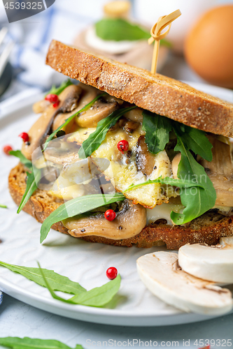 Image of Sandwich with omelet, greens and mushrooms close-up.