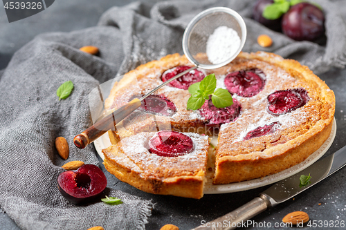 Image of Pie with almond frangipan and organic plums.