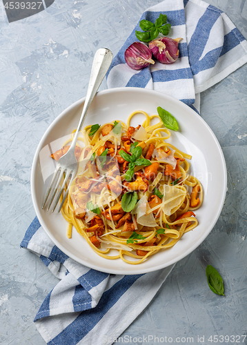 Image of Linguini with chanterelles, parmesan and herbs.