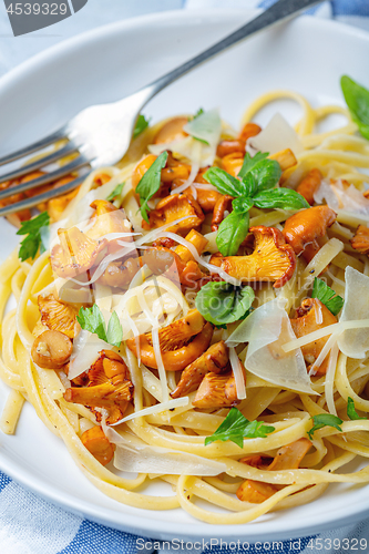 Image of Pasta with chanterelles, parmesan and fresh herbs.