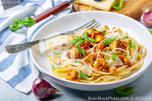 Image of Linguine with fried wild chanterelles.