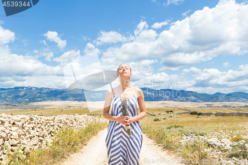 Image of Caucasian young woman in summer dress holding bouquet of lavender flowers enjoying pure Mediterranean nature at rocky Croatian coast lanscape on Pag island in summertime