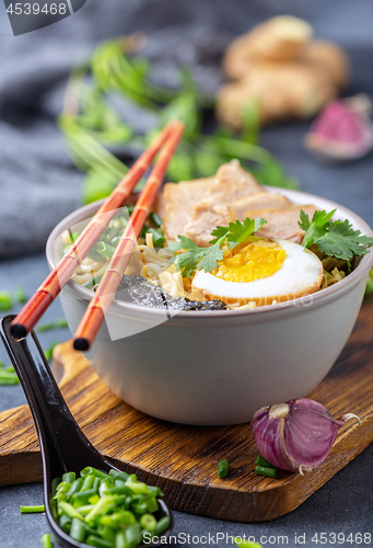 Image of Ramen noodles with pork and pickled egg.