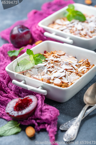 Image of Delicious plum crumble for Breakfast.