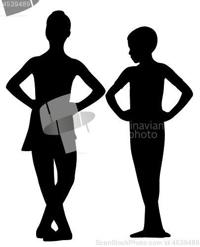 Image of Ballet dancers girl and boy standing with crossed legs