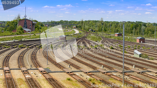 Image of Freight railway yard with many tracks and operations control tow