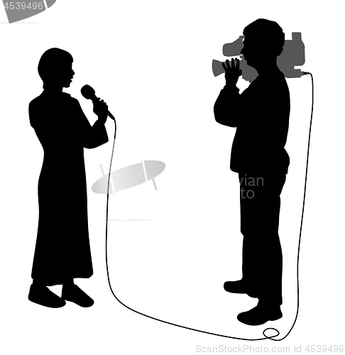 Image of Journalist news reporter woman and cameraman making reportage
