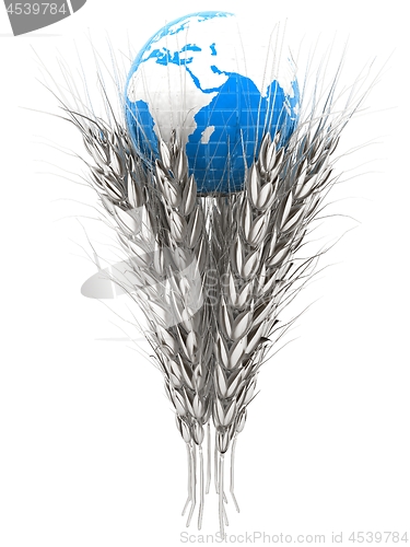 Image of Metal ears of wheat and Earth. Symbol that depicts prosperity, w