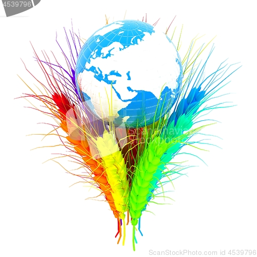 Image of Colorfull ears of wheat and Earth. Symbol that depicts prosperit