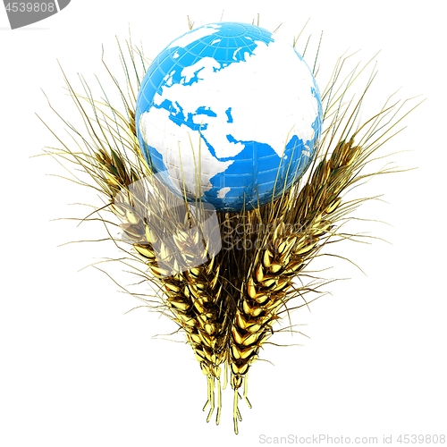Image of Golden metal ears of wheat and Earth. Symbol that depicts prospe