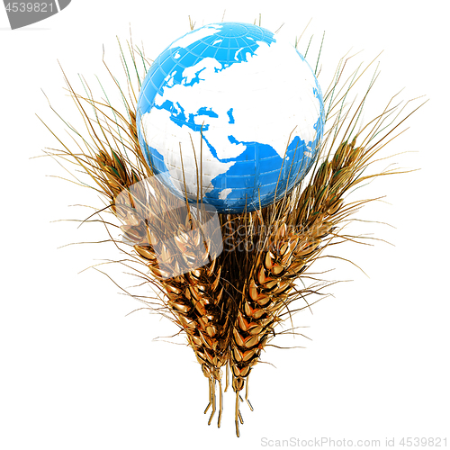 Image of Golden metal ears of wheat and Earth. Symbol that depicts prospe