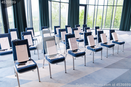 Image of modern conference room interior before starting a business semin