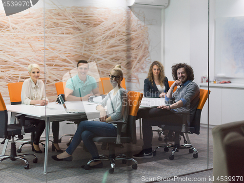 Image of Startup Business Team At A Meeting at modern night office buildi