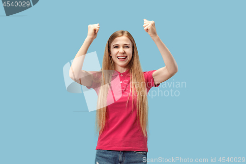 Image of Winning success woman happy ecstatic celebrating being a winner. Dynamic energetic image of female model