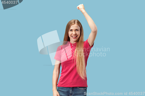 Image of Winning success woman happy ecstatic celebrating being a winner. Dynamic energetic image of female model