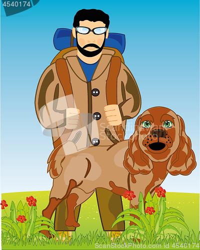Image of Vector illustration men traveler with dog spaniel