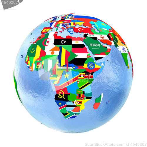 Image of Africa on political globe with flags isolated on white