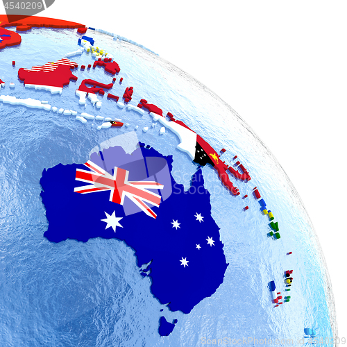 Image of Australia on political globe with flags