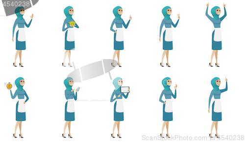 Image of Young muslim cleaner vector illustrations set.