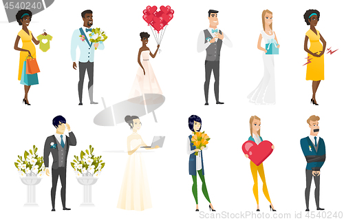 Image of Bride and groom vector illustrations set.