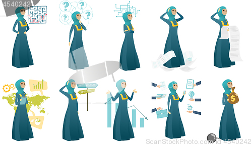 Image of Muslim business woman vector illustrations set.