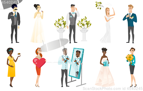 Image of Bride and groom vector illustrations set.