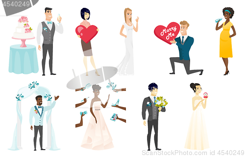 Image of Bride and groom vector illustrations set.