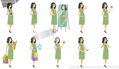 Image of Caucasian pregnant woman vector illustrations set.