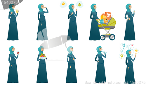 Image of Muslim pregnant woman vector illustrations set.