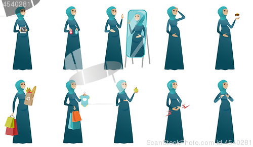 Image of Muslim pregnant woman vector illustrations set.