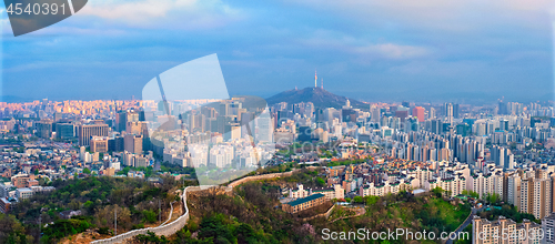 Image of Panorama of Seoul skyline on sunset, South Korea.