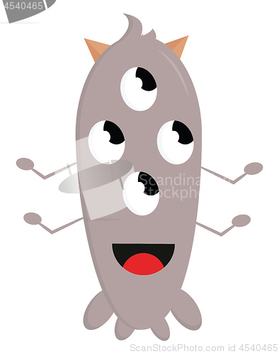 Image of Beige four-eyed monster with four arms and horns smiling vector 