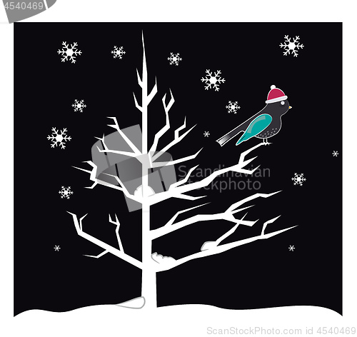 Image of Bird during a snowy night vector or color illustration