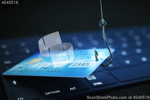 Image of phishing credit card data with keyboard and hook symbol