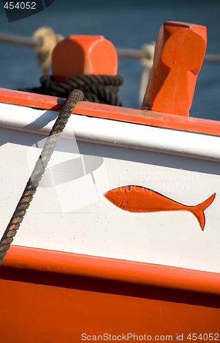 Image of inlaid carved detail greek fishing boat