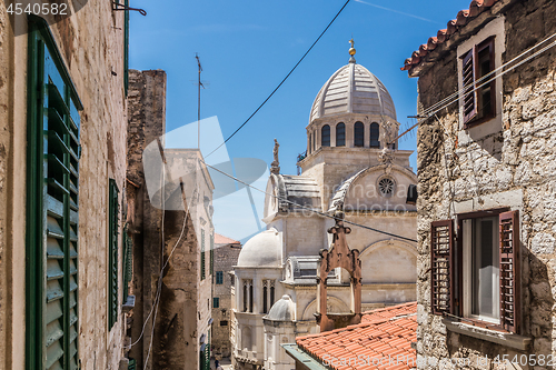 Image of Croatia, city of Sibenik, panoramic view of the old town center and cathedral of St James, most important architectural monument of the Renaissance era in Croatia, UNESCO World Heritage