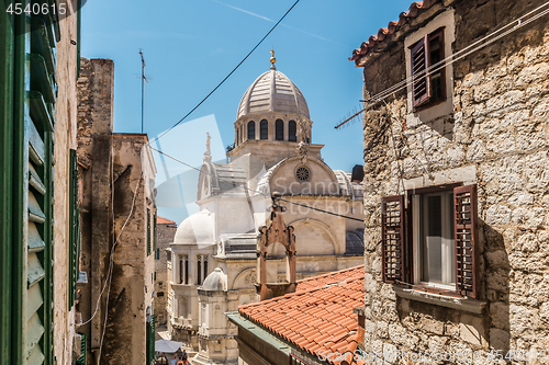 Image of Croatia, city of Sibenik, panoramic view of the old town center and cathedral of St James, most important architectural monument of the Renaissance era in Croatia, UNESCO World Heritage