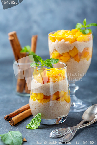 Image of Rice pudding with peach slices for breakfast.