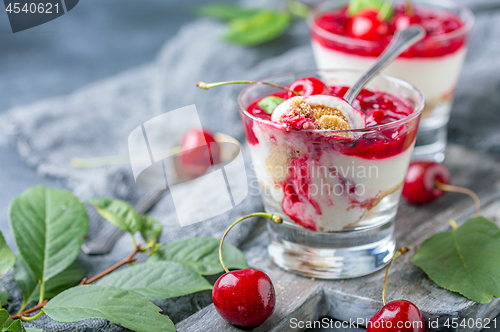 Image of Light cheesecake with cherry jelly in a glass.