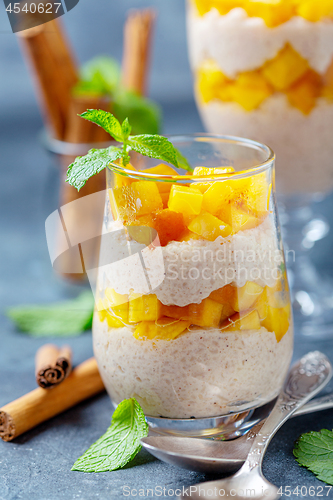 Image of Rice pudding with peach slices and spices.