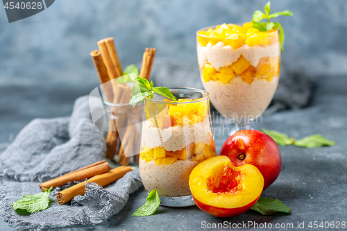 Image of Rice pudding with pieces of nectarine in glasses.