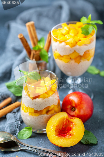 Image of Rice pudding with nectarine, cinnamon and ginger.