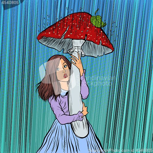 Image of girl in the rain hid under a mushroom