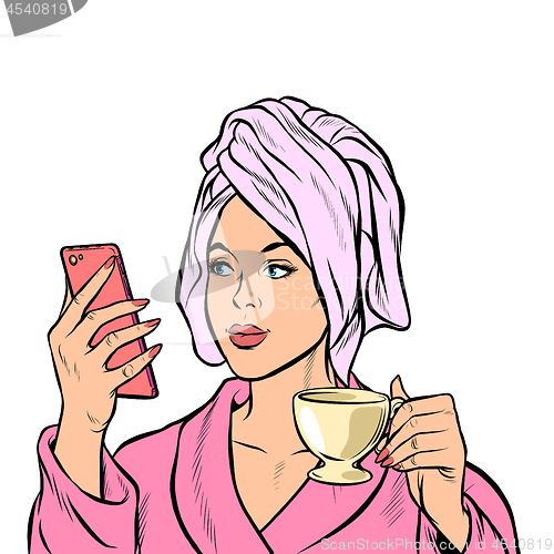 Image of woman morning bathroom coffee smartphone