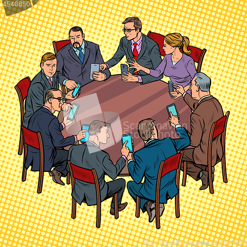 Image of businessmen meeting man and woman. smartphones gadgets technology